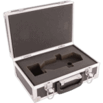 Black hard case with foam interior designed for secure storage and transport of sensitive equipment, featuring a handle and lock for safety.