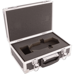 Black hard case with foam interior designed for secure storage and transport of sensitive equipment, featuring a handle and lock for safety.