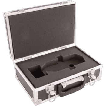 Black hard case with foam interior designed for secure storage and transport of sensitive equipment, featuring a handle and lock for safety.