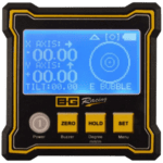Digital racing controller display with blue screen showing X and Y axis, tilt, and bubble level for remote control cars.