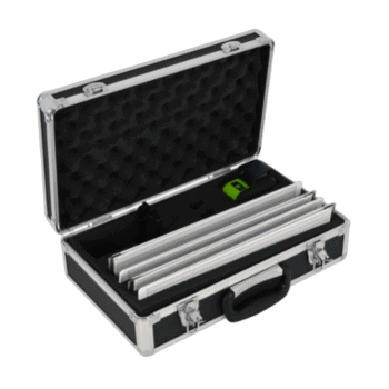 Aluminium racing car parts in a protective case, used for Grand Prix racewear and motorsport equipment.