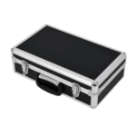 Black and silver racing equipment case with handle and latches, used for storing racing gear and accessories.