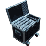 Black flight case with foam padding and wheels, used for transporting racing gear and equipment at Grand Prix events.