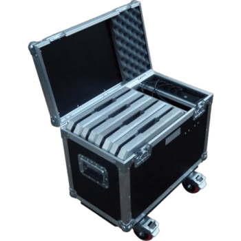 Black flight case with foam padding and wheels, used for transporting racing gear and equipment at Grand Prix events.