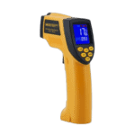 Infrared thermometer gun used for temperature measurement in motorsport safety gear testing.