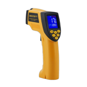 Infrared thermometer gun used for temperature measurement in motorsport safety gear testing.