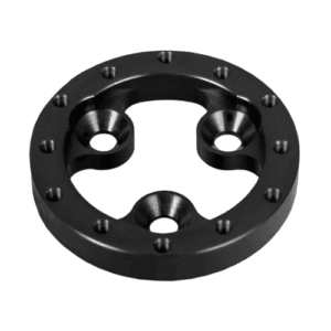 Black metal racing part with multiple bolt holes, designed for high-performance motorsport applications.