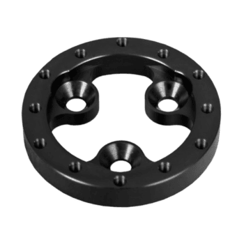 Black metal racing part with multiple bolt holes, designed for high-performance motorsport applications.