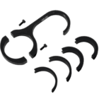 Black plastic racewear helmet strap clips for secure fastening, designed for motorsport safety gear.