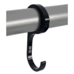 Black hook securing a silver pipe, designed for racewear or safety equipment, on a green background.