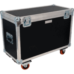 Heavy-duty black and silver flight case with orange caster wheels, designed for transporting racing equipment securely.