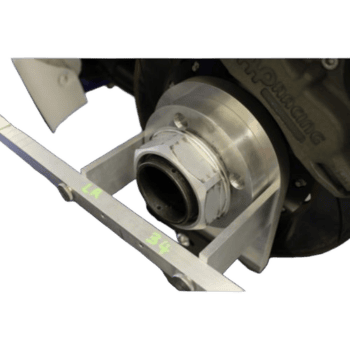 Close-up of a racing motorcycle's rear wheel and suspension system, showcasing high-performance components for motorsport racing.