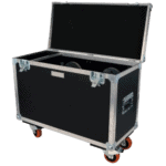 Black equipment case with wheels, open lid, and foam interior for storing racing gear and accessories.