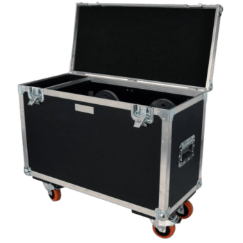 Black equipment case with wheels, open lid, and foam interior for storing racing gear and accessories.