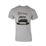 Grey T-shirt featuring Ford Escort rally car design, celebrating 50 years from 1968 to 2018, with bold text and graphic elements.