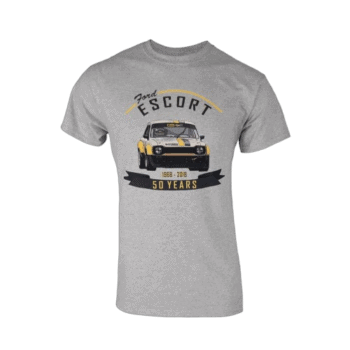 Grey T-shirt featuring Ford Escort rally car design, celebrating 50 years from 1968 to 2018, with bold text and graphic elements.