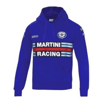 Blue Martini Racing hoodie with sponsor logos and racing stripes, ideal for motorsport fans and racewear enthusiasts.