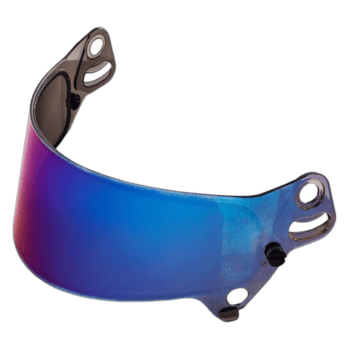 Grand Prix Racewear racing helmet visor with reflective blue and purple tint for motorsport safety and style.