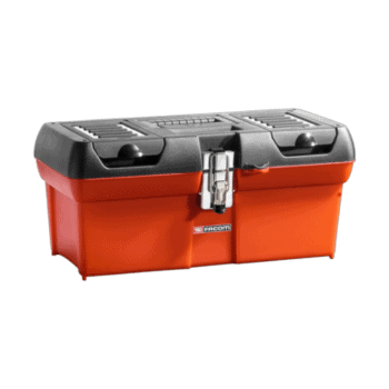 Facom small model 16 BP.C16 tool box with black lid and red body, featuring secure latch and sturdy design.