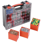 Plastic organiser box with multiple compartments filled with screws, nails, and wall plugs, suitable for DIY and construction projects.