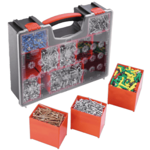 Plastic organiser box with multiple compartments filled with screws, nails, and wall plugs, suitable for DIY and construction projects.
