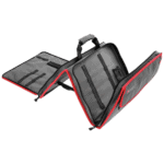 Grand Prix Racewear equipment bag with multiple compartments for racing gear storage, black with red accents, on a black background.