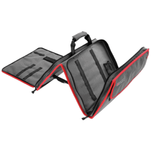 Grand Prix Racewear equipment bag with multiple compartments for racing gear storage, black with red accents, on a black background.