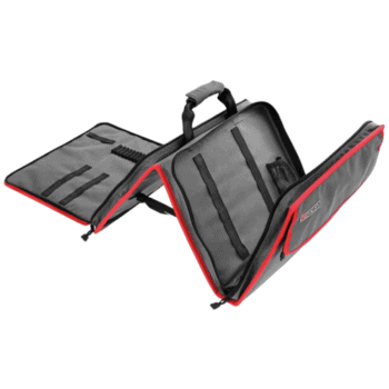 Grand Prix Racewear equipment bag with multiple compartments for racing gear storage, black with red accents, on a black background.