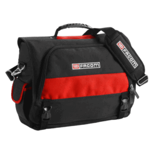 Facom 2-in-1 fabric bag for tooling and laptop storage, black and red design with multiple compartments and sturdy handle.