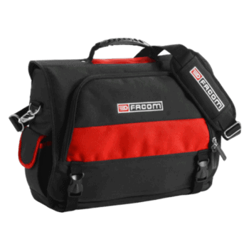 Facom 2-in-1 fabric bag for tooling and laptop storage, black and red design with multiple compartments and sturdy handle.