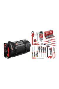 Facom tools set with a black and red tool bag, screwdrivers, wrenches, and accessories for professional mechanical work.