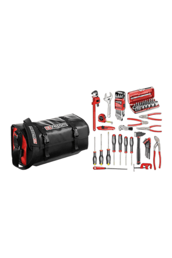 Facom tools set with a black and red tool bag, screwdrivers, wrenches, and accessories for professional mechanical work.