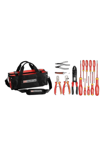 Facom tool set with screwdrivers, pliers, and a tool bag for professional use.