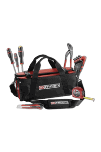 Facom small maintenance softbag with tools including screwdrivers, tape measure, and pliers, ideal for workshop or race team use.