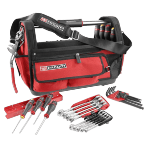 Facom tool bag with screwdrivers, wrenches, and accessories for professional racewear and automotive repair.