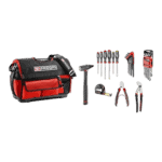 Facom filled softbag with 28 tools including screwdrivers, pliers, and a hammer, ideal for professional tool storage and transport.