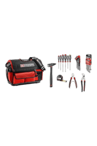 Facom filled softbag with 28 tools including screwdrivers, pliers, and a hammer, ideal for professional tool storage and transport.