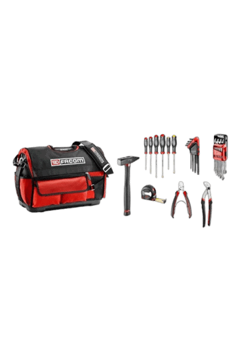 Facom filled softbag with 28 tools including screwdrivers, pliers, and a hammer, ideal for professional tool storage and transport.