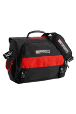 Black and red racing gear bag with multiple compartments and straps, designed for motorsport enthusiasts and professionals.