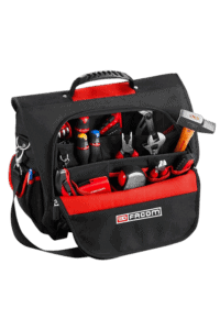 Facom tools and laptop softbag with various hand tools and accessories inside, designed for professional use.