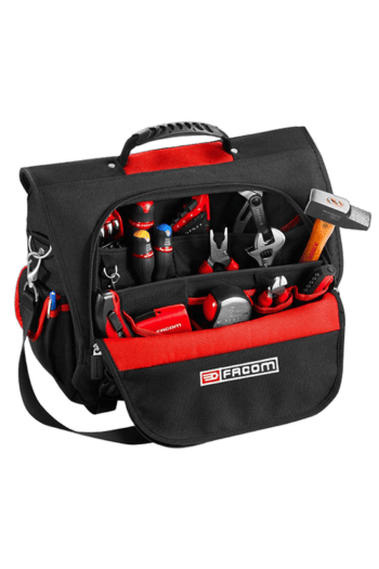 Facom tools and laptop softbag with various hand tools and accessories inside, designed for professional use.