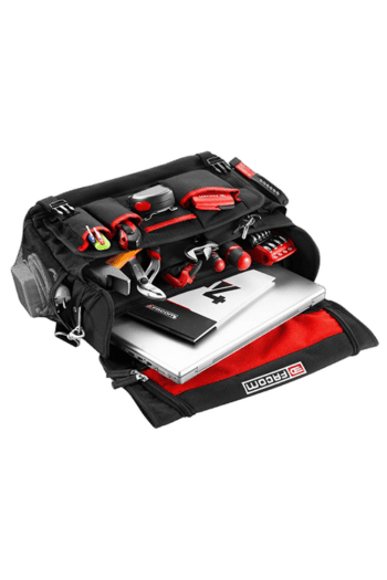 GPR Direct Grand Prix Racewear toolkit with racing accessories and tools in a black and red bag.