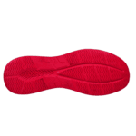 Red racing shoe sole designed for grip and performance in motorsport events, featuring textured patterns for traction.