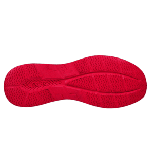 Red racing shoe sole designed for grip and performance in motorsport events, featuring textured patterns for traction.