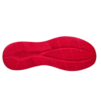 Red racing shoe sole designed for grip and performance in motorsport events, featuring textured patterns for traction.