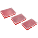 Set of three red plastic storage boxes with transparent lids, ideal for organising small parts and tools.