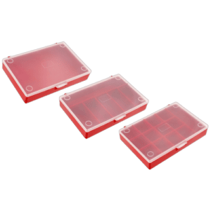 Set of three red plastic storage boxes with transparent lids, ideal for organising small parts and tools.