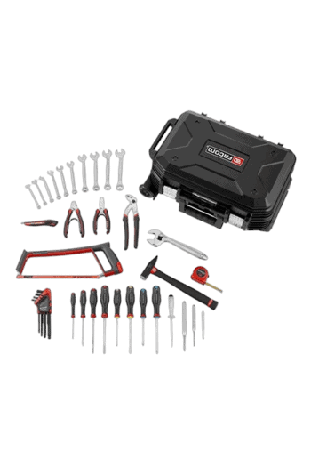 Complete set of tools and accessories for the Facom Facom Rolling Handtools Kit Bv.R30cm1pb, including wrenches, screwdrivers, and a storage case.