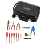 Fekom rolling electricians kit with various screwdrivers, pliers, and tools in a black case, ideal for electrical work and maintenance.