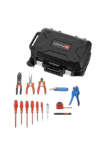 Fekom rolling electricians kit with various screwdrivers, pliers, and tools in a black case, ideal for electrical work and maintenance.